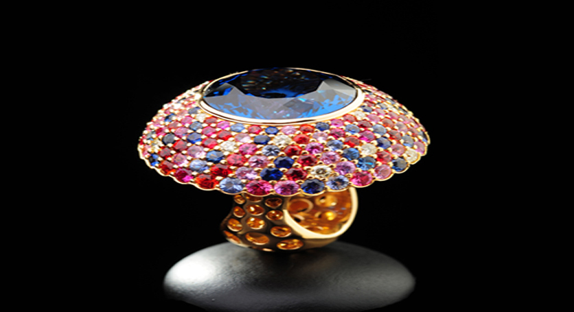 18K Pink Gold with Multicolor Stones and Diamond Ring