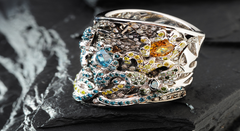 18K White Gold with Multicolor Stones and Diamond Ring