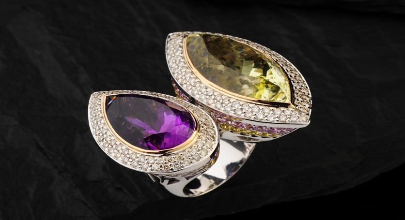 18K White Gold with Multicolor Stones and Diamond Ring