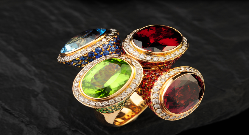 18K Yellow Gold with Multicolor Stones and Diamond Ring