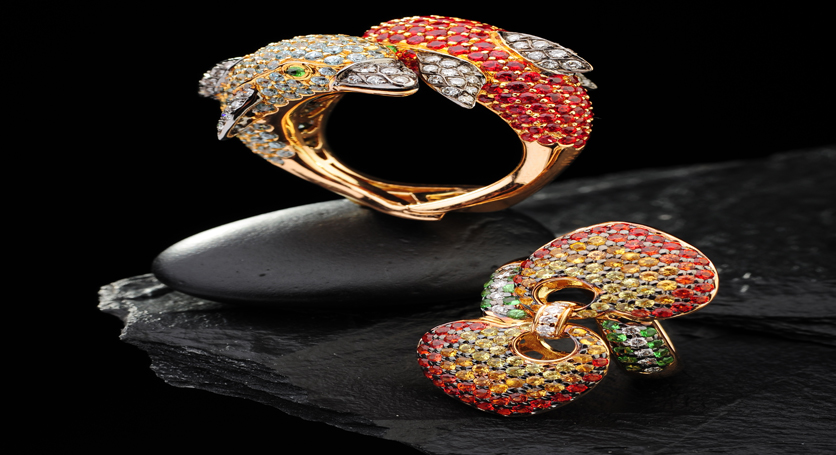 18K Yellow Gold and Silver with Multicolor Stones and Diamond Ring + 18K Yellow Gold with Fancy Sapphire and Diamond Ring