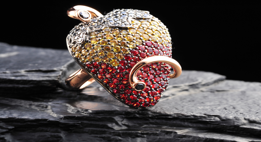 18K Yellow Gold with Multicolor Stones and Diamond Ring