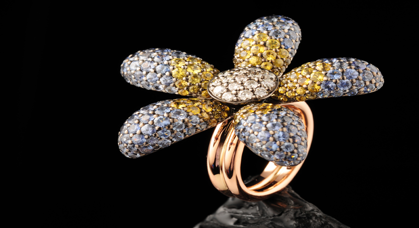 18K Yellow Gold with Multicolor Stones and Diamond Ring