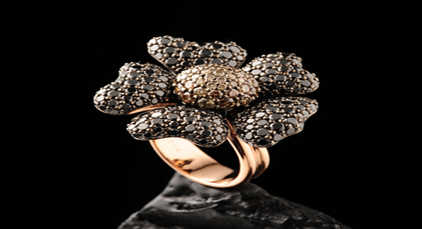 18K Yellow Gold with Black and White Diamond Ring