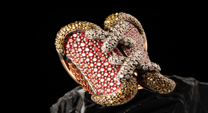 18K Yellow Gold with Multicolor Stones and Diamond Ring