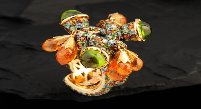 18K Yellow Gold with Multicolor Stones and Diamond Ring