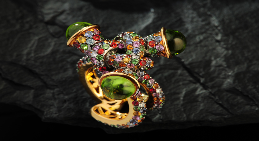 18K Yellow Gold with Multicolor Stones and Diamond Ring