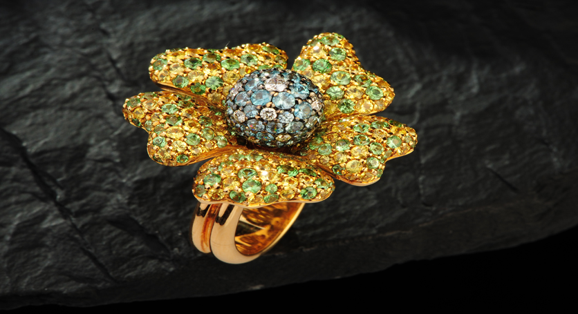 18K Yellow Gold with Multicolor Stones and Diamond Ring