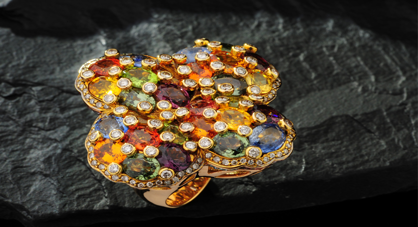 18K Yellow Gold with Multicolor Stones and Diamond Ring