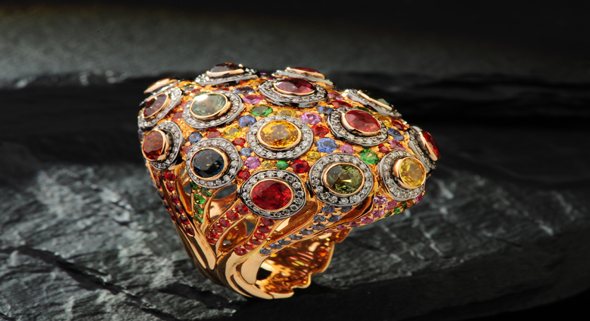 18K Yellow Gold with Multicolor Stones and Diamond Ring