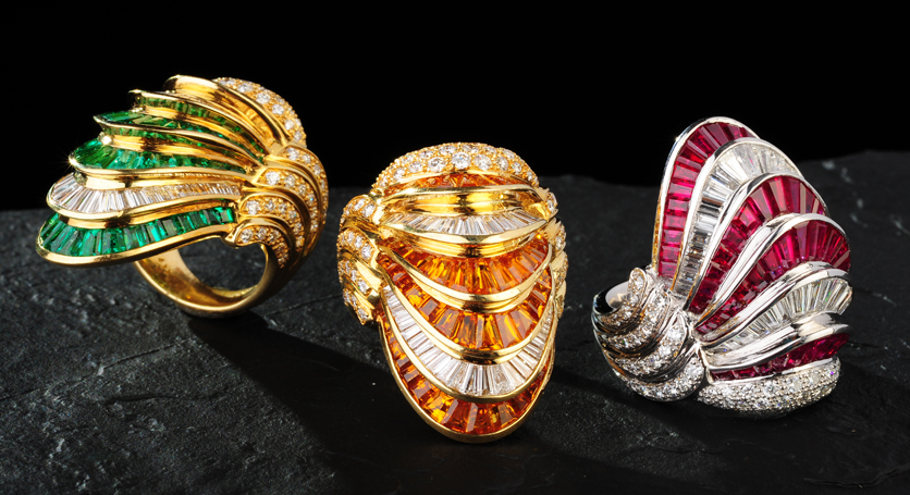 18K Gold with Emerald and Diamond Ring+18K Gold with Yellow Sapphire and Diamond Ring+Platinum with Ruby and Diamond Ring