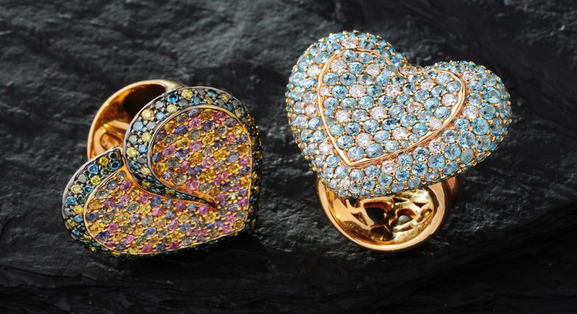 18K Yellow Gold with Multicolor Stones and Diamond Ring + 18K Pink Gold with Blue Zircon and Diamond Ring