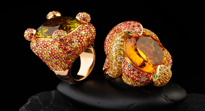 18K Yellow Gold with Multicolor Stones and Diamond Rings