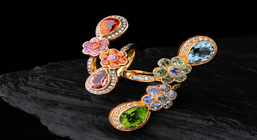 18K Yellow Gold with Multicolor Stones and Diamond Rings
