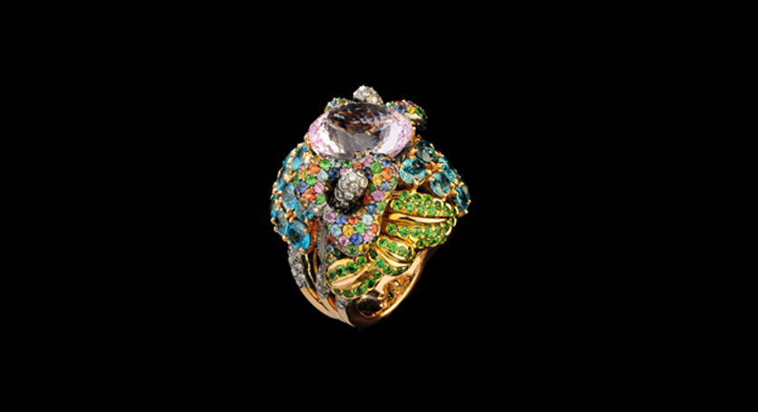 18K Yellow Gold with Multicolor Stones and Diamond Ring