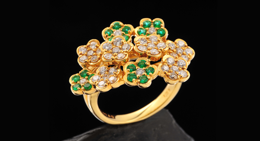 18K Yellow Gold with Emerald and Diamond Ring