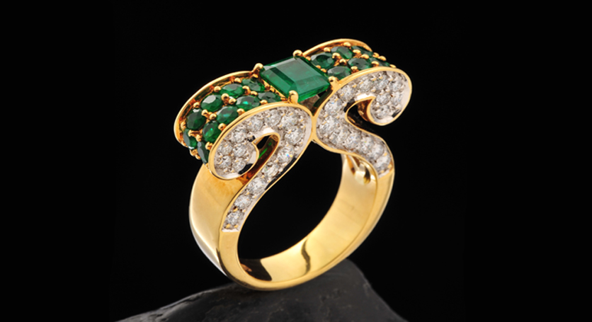 18K Yellow Gold with Emerald and Diamond Ring