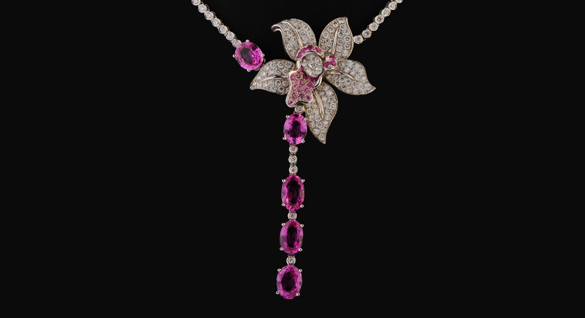 18K White Gold with Pink Sapphire and Diamond Necklace
