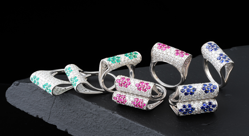 18K White Gold with Emerald, Ruby, Sapphire and Diamond Rings