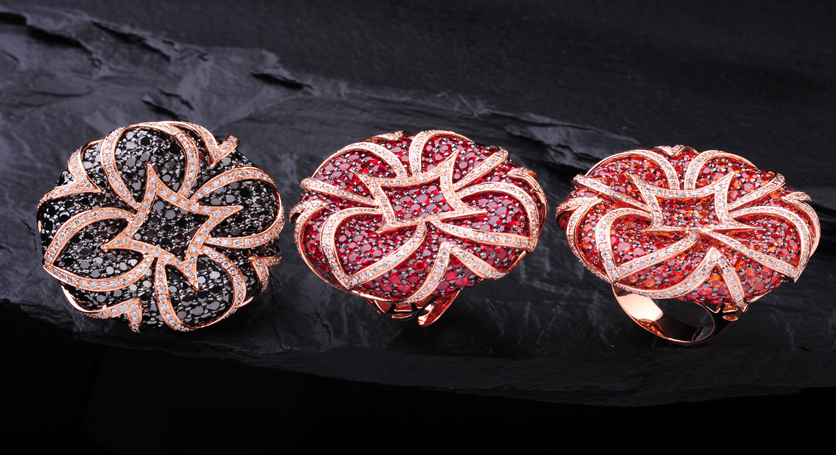 18K Gold with Black and White Diamond + 18K Gold with Ruby and Diamond + 18K Gold with Fancy Sapphire and Diamond Ring