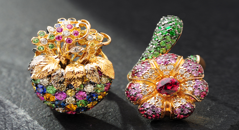 18K Yellow Gold with Fancy Sapphire and Diamond Rings