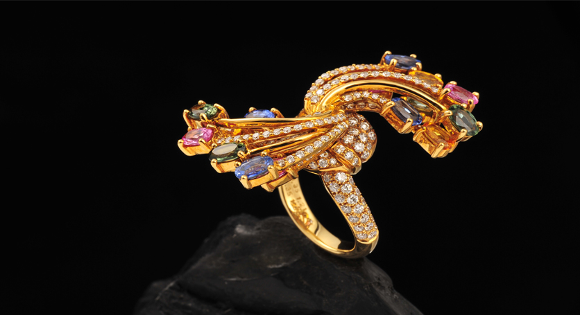 18K Yellow Gold with Fancy Sapphire and Diamond Ring