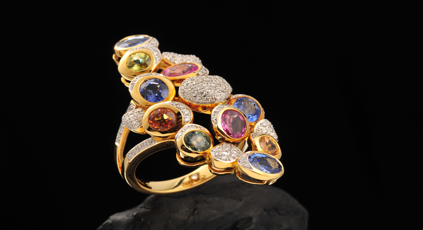18K Yellow Gold with Fancy Sapphire and Diamond Ring