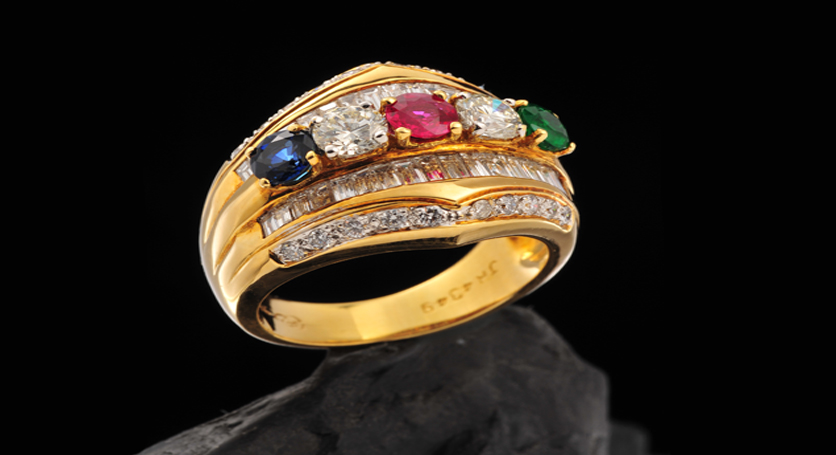 18K Yellow Gold with Sapphire, Ruby, Emerald and Diamond Ring
