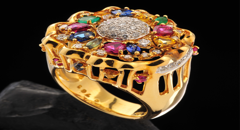 18K Yellow Gold with Sapphire, Ruby, Emerald and Diamond Ring
