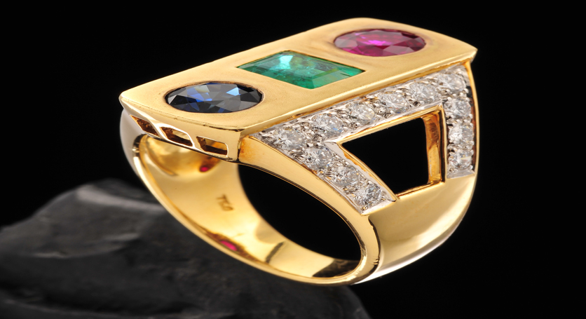 18K Yellow Gold with Sapphire, Ruby, Emerald and Diamond Ring