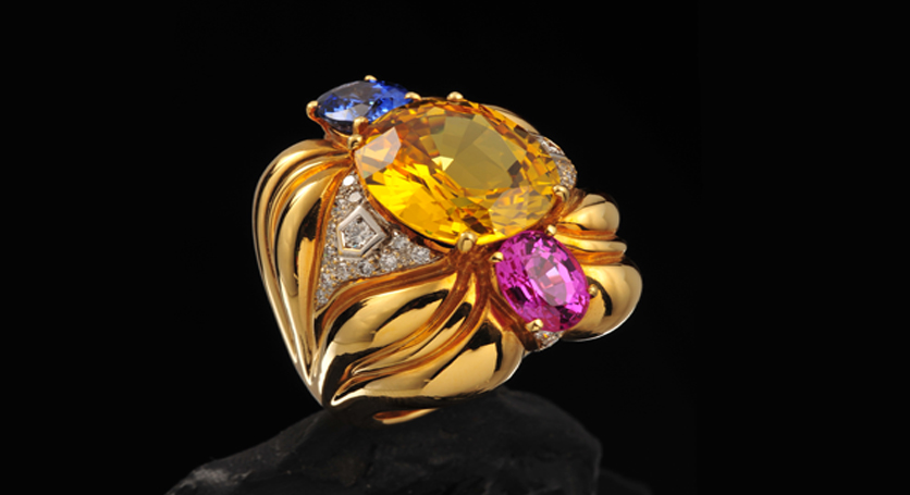 18K Yellow Gold with Fancy Sapphire and Diamond Ring