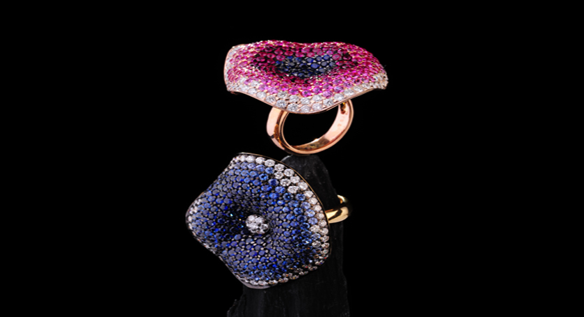 18K Yellow Gold with Sapphire and Diamond Ring + 18K Yellow Gold with Sapphire, Ruby, Pink Sapphire and Diamond Ring