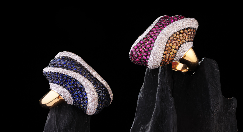 18K Yellow Gold with Sapphire and Diamond Ring + 18K Yellow Gold with Pink Sapphire, Yellow Sapphire and Diamond Ring