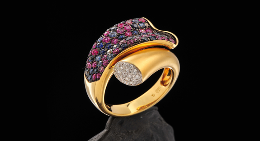 18K Yellow Gold with Ruby, Pink Sapphire and Diamond Ring