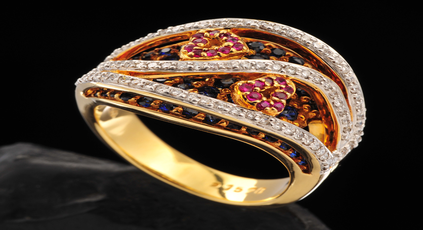 18K Yellow Gold with Sapphire, Ruby and Diamond Ring