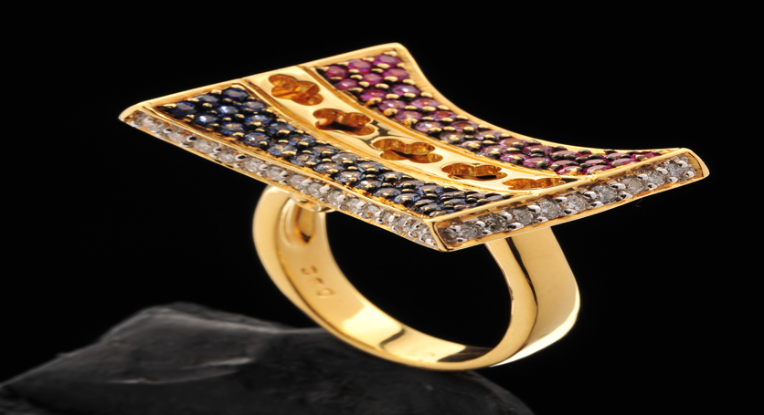 18K Yellow Gold with Sapphire, Ruby and Diamond Ring