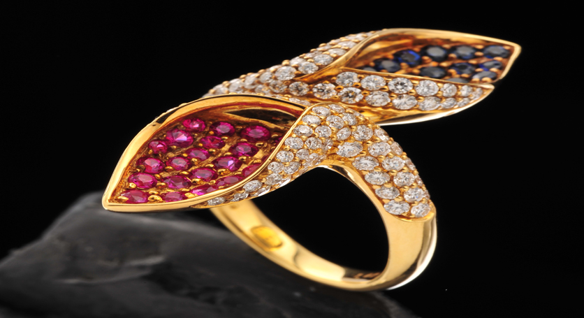 18K Yellow Gold with Sapphire, Ruby and Diamond Ring