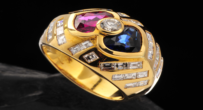 18K Yellow Gold with Sapphire, Ruby and Diamond Ring