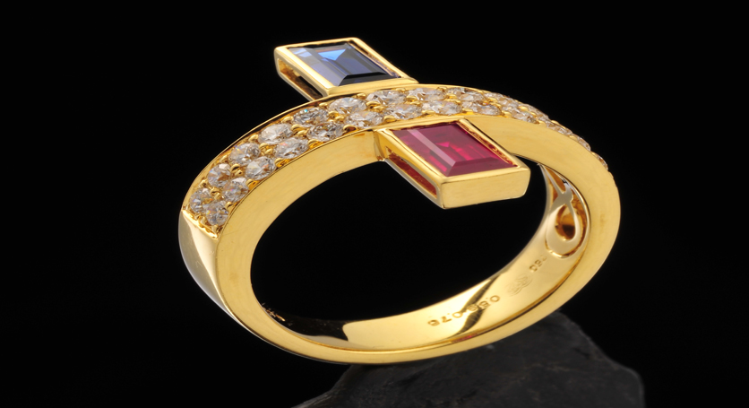 18K Yellow Gold with Sapphire, Ruby and Diamond Ring