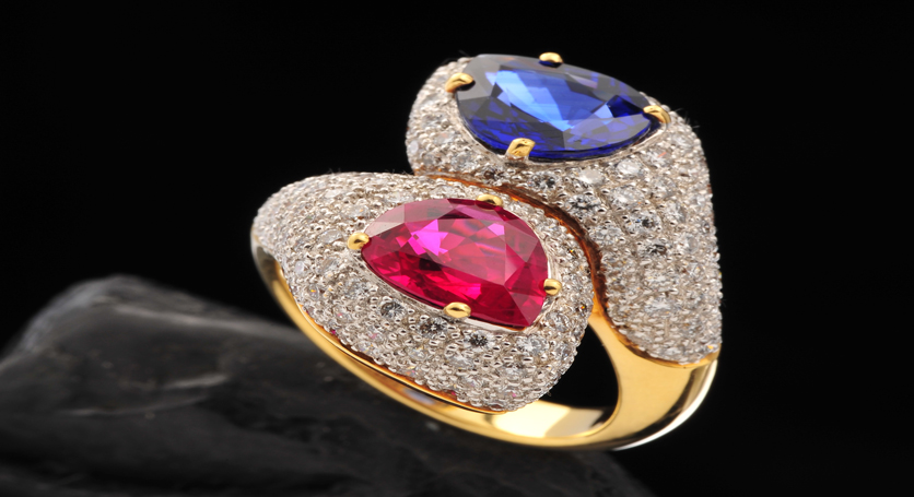 18K Yellow Gold with Sapphire, Ruby and Diamond Ring