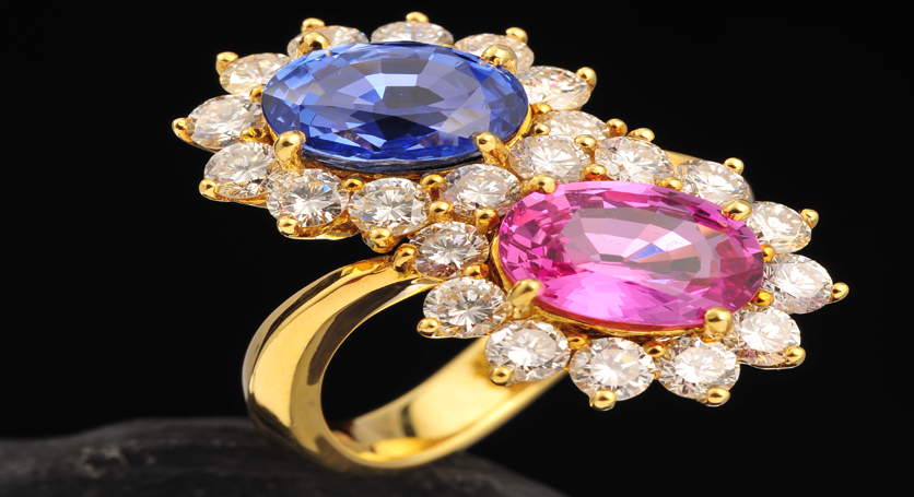18K Yellow Gold with Sapphire, Pink Sapphire and Diamond Ring