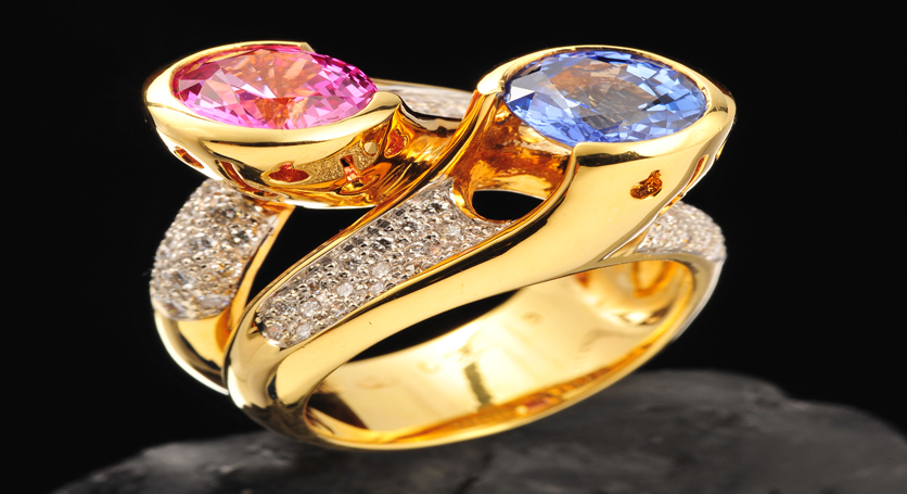18K Yellow Gold with Sapphire, Pink Sapphire and Diamond Ring