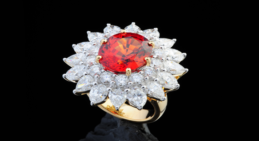 18K Yellow Gold with Orange Sapphire and Diamond Ring