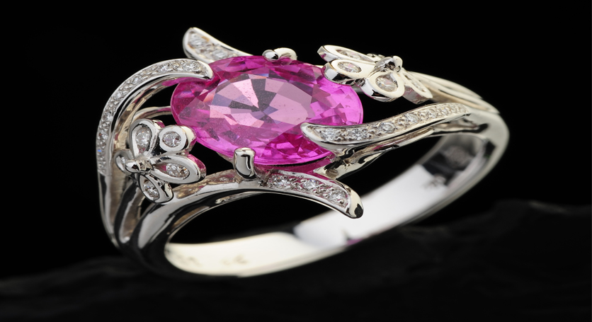 18K White Gold with Pink Sapphire and Diamond Ring
