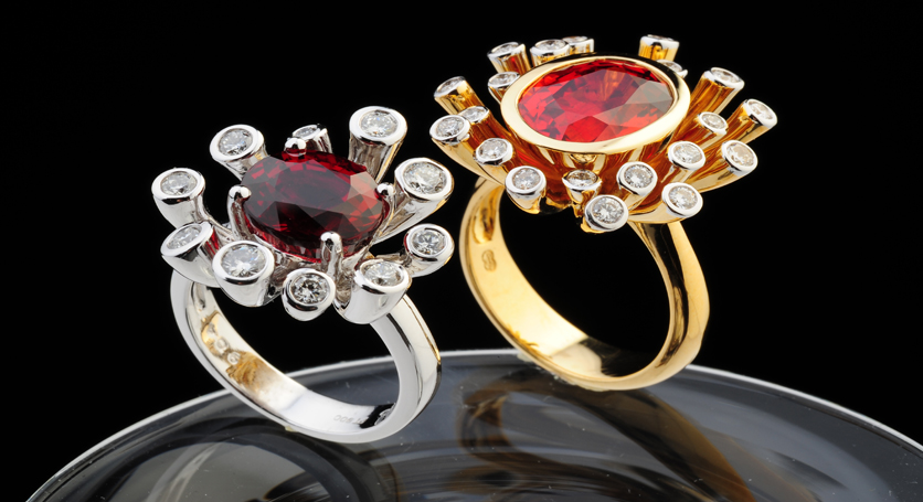 18K White Gold with Ruby and Diamond Ring + 18K Yellow Gold with Ruby and Diamond Ring