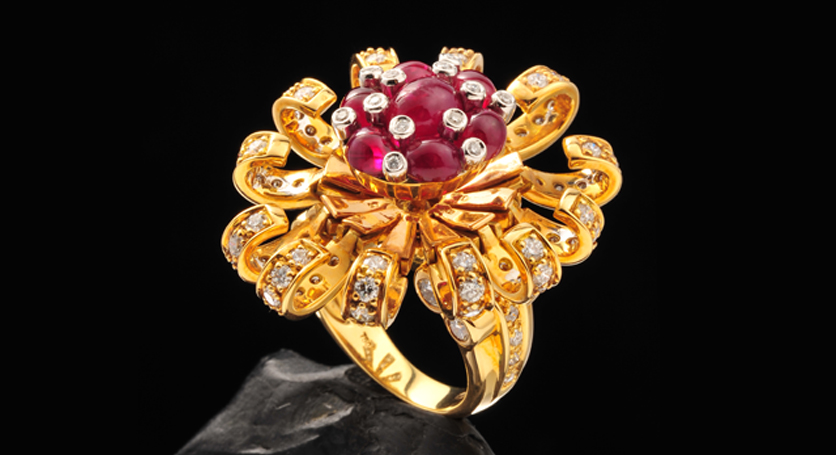 18K Yellow Gold with Ruby and Diamond Ring