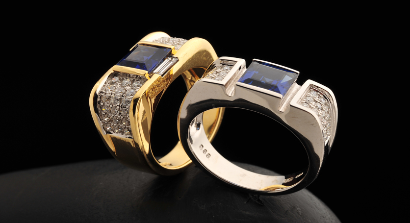18K Yellow Gold with Sapphire and Diamond Ring + 18K White Gold with Sapphire and Diamond Ring