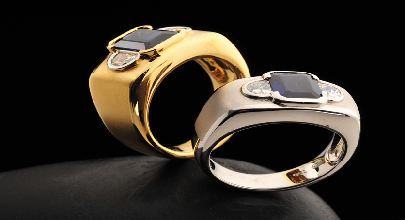 18K Yellow Gold with Sapphire and Diamond Ring + 18K White Gold with Sapphire and Diamond Ring