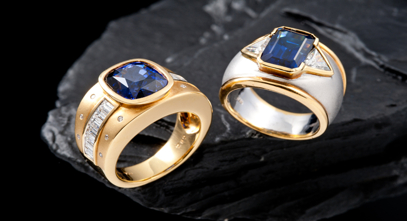 18K Yellow Gold with Sapphire and Diamond Ring + 18K White and Yellow Gold with Sapphire and Diamond Rings