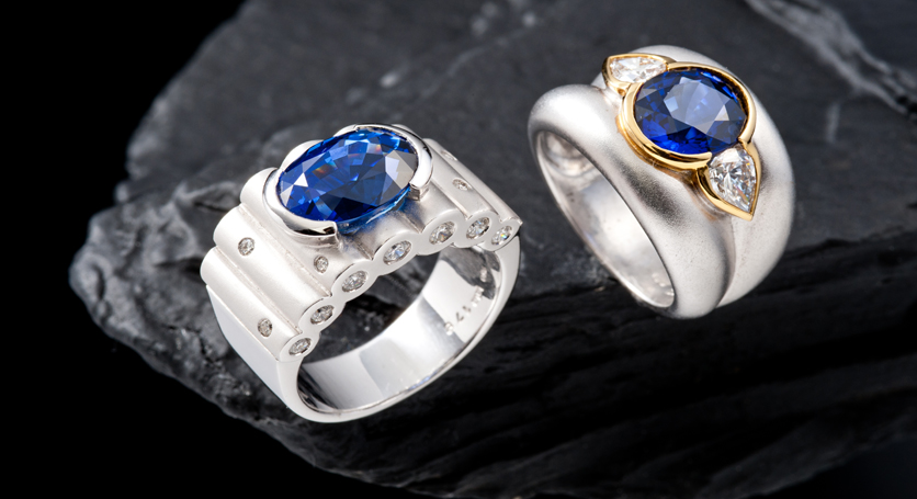 18K White Gold with Sapphire and Diamond Ring + 18K White and Yellow Gold with Sapphire and Diamond Ring